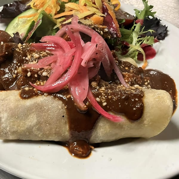 A breakfast burrito covered in dark mole sauce, topped with pickled red onions and a side salad.